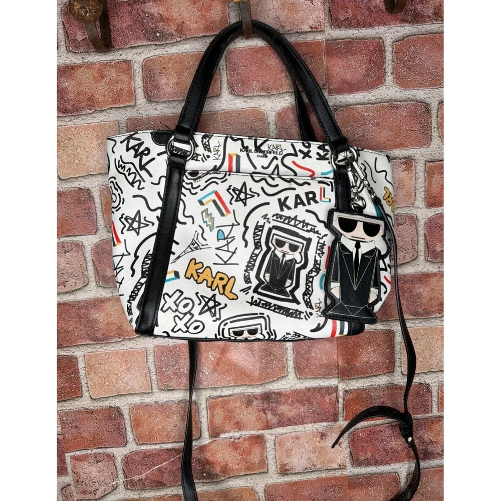 Karl Lagerfeld Paris Graffiti Print Saffiano Leather Tote Crossbody Bag‎ White